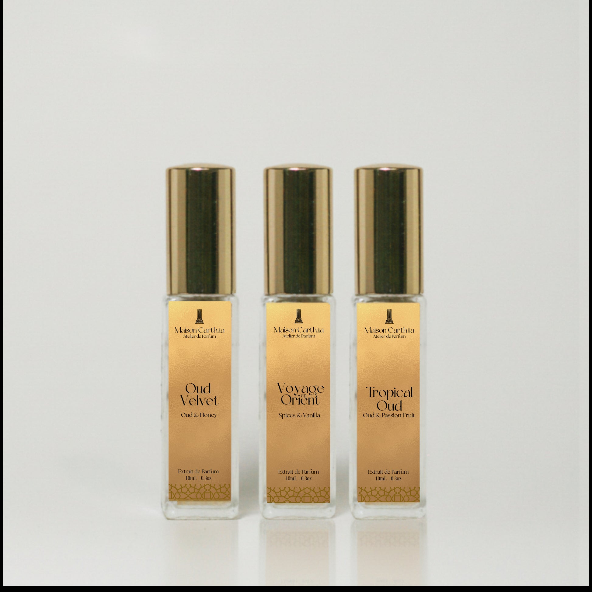 Oud Trio Set: three 10 ml woody extrait de parfum travel sprays by Maison Carthia