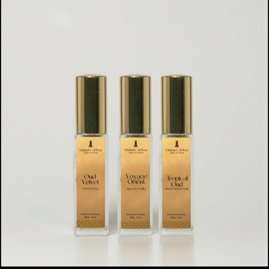 Oud Trio Set: three 10 ml woody extrait de parfum travel sprays by Maison Carthia