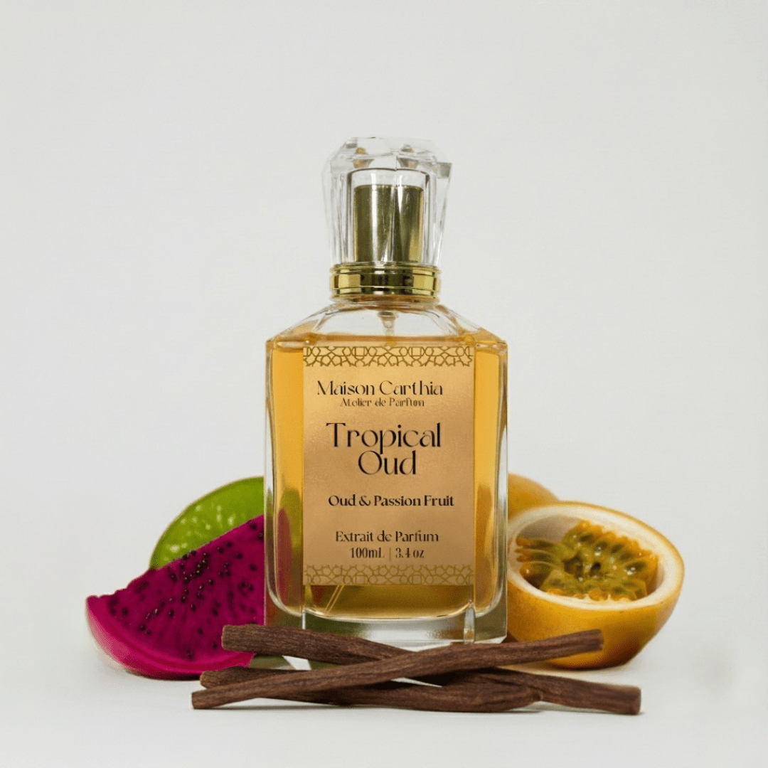 Tropical Oud extrait de parfum bottle, alternate view, by Maison Carthia